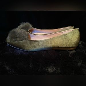 Olive Green Velvet Puff Ball Toe Flat, Size 9